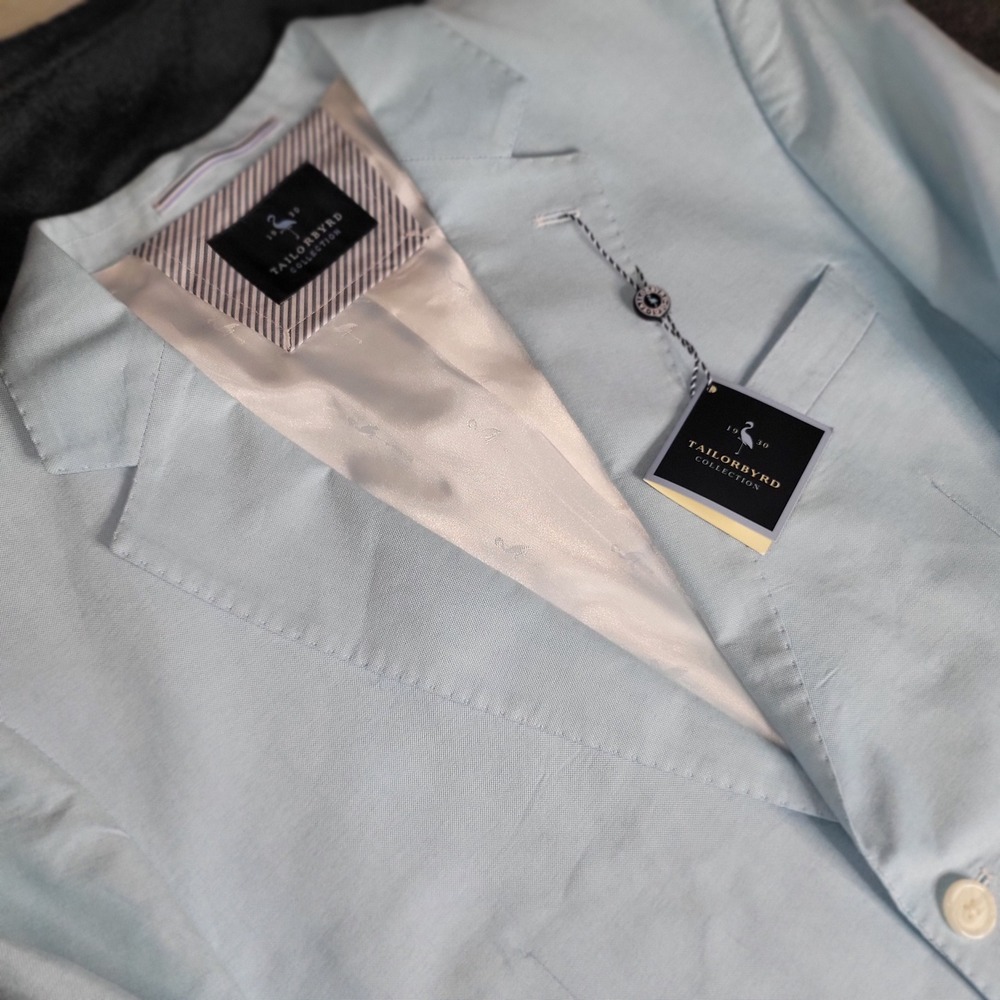 TailorByrd Collection Men's‎ Light Blue Cotton Blazer Bird Pattern Lining 40 Reg